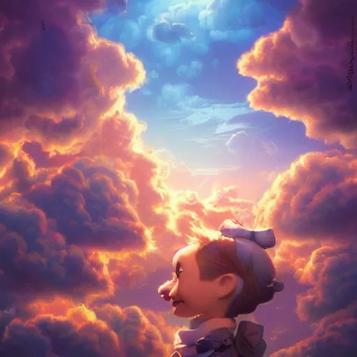 Prompt: puffy clouds, james jean style, drew struzan movie poster, vfx art, unreal engine render, claymation style, colourful, volumetric light, digital painting, digital illustration, dramatic light,