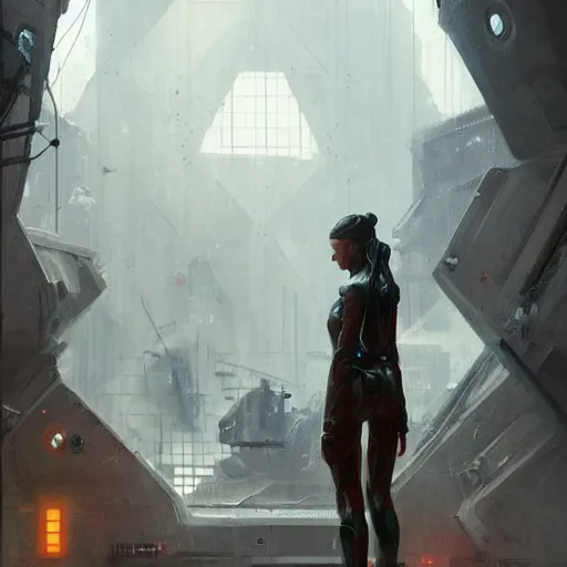 Image similar to concept art by greg rutkowski, eva preparing for combat, brutalist futuristic interior, dim lighting, detailed portraits, nostalgic atmosphere, scifi, digital painting, artstation, concept art, smooth, sharp foccus ilustration, artstation hq