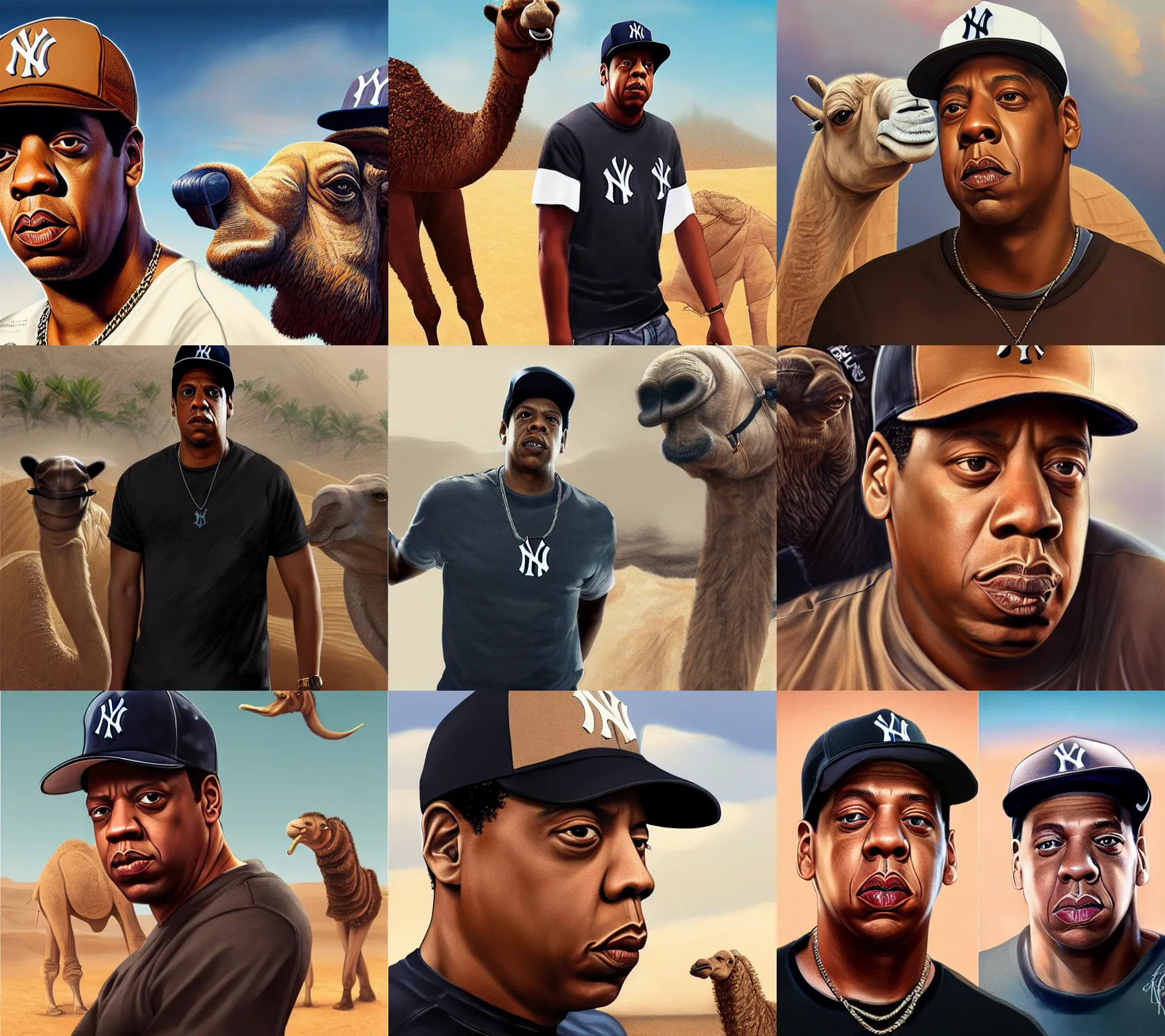 Image similar to portrait of jay - z wearing a yankee baseball hat and a black t - shirt, standing next to a camel, sand desert fantasy, matte painting, highly detailed, art by artgerm, artstation