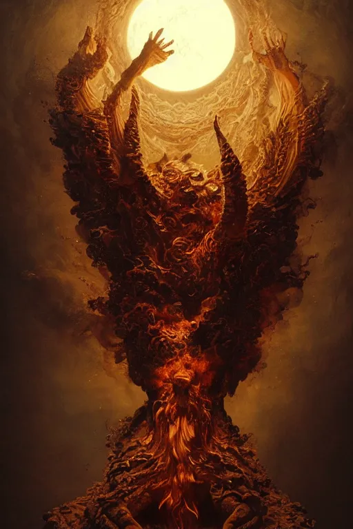 Image similar to Intricate stunning highly detailed fire deity by agostino arrivabene, Greg Rutkowski, sculpture, ultra realistic, Horror vacui, beautiful lighting, full moon, ravens, thick black swirling smoke tornado, burning fire embers, artstation