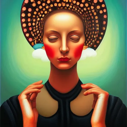 Image similar to a striking painting of a woman, an ultrafine detailed painting by rafal olbinski, behance contest winner, pop surrealism, detailed painting, skeuomorphic, airbrush art