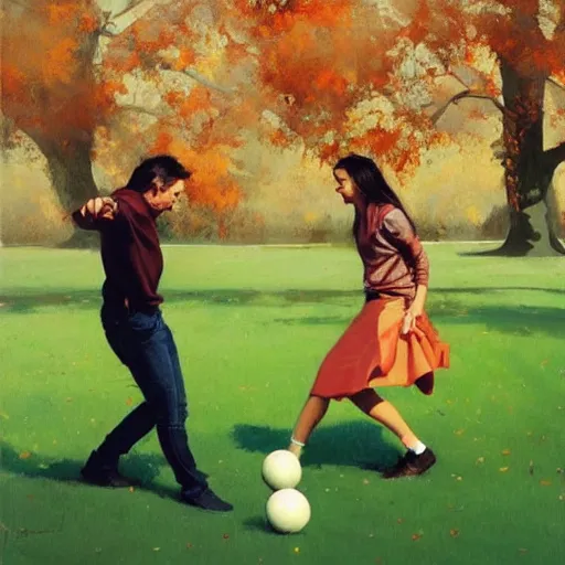 Image similar to a brother and sister throwing a ball around in autumn. playing catch. phil hale. rhads. repin.