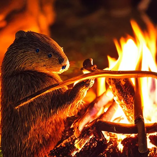 Image similar to beaver being spit roasted over a campfire at night, photograph