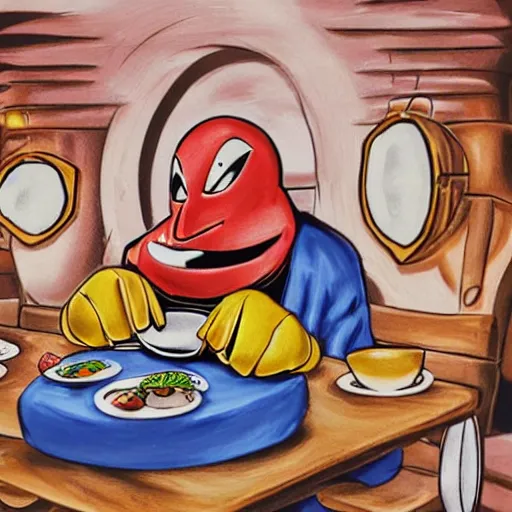 Image similar to robotnik eggman having a nice dinner at a rustic italian restaurant with his robots