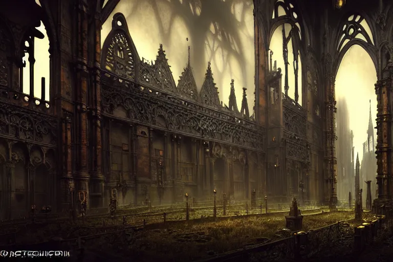 Image similar to steam necropolis, memento mori, gothic, neo - gothic, art nouveau, hyperdetailed copper patina medieval icon, stefan morrell, philippe druillet, ralph mcquarrie, concept art, steampunk, unreal engine, detailed intricate environment, octane render, moody atmospherics, volumetric lighting, ultrasharp, ominous, otherworldly