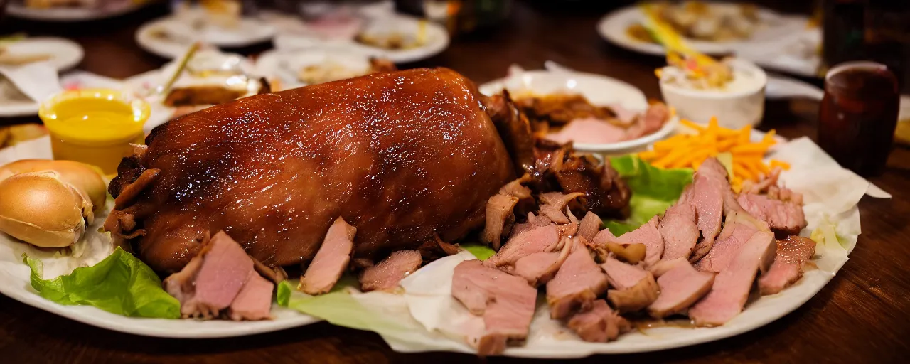 Prompt: lechon baboy at a philippines food restaurant, depth of field, food photography, isometric, tasty, burger, wide shot, studio, bokeh, gmaster, cooking, food, kodak, sony, canon