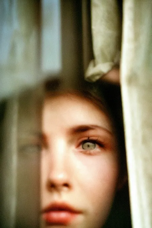 Image similar to kodak portra 4 0 0 photograph of a person looking out through their window, eyes, beautiful eyes, stunning eyes, close up, telephoto, faded effect, grain,