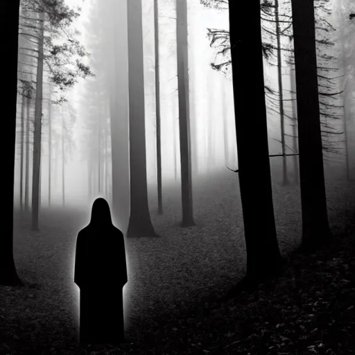 Image similar to shadow people in forest, staring at camera glowing white eyes, black and white, foggy, grainy, very old, creepy, eerie, unsettling