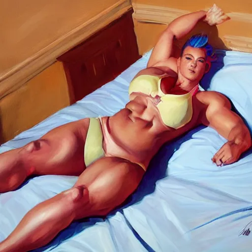 Prompt: greg manchess portrait of thick muscular weightlifter zarya from overwatch with ponytail and blond hair sleeping on bed, medium shot, asymmetrical, profile picture, organic painting, sunny day, matte painting, bold shapes, hard edges, street art, trending on artstation, by huang guangjian and gil elvgren and sachin teng