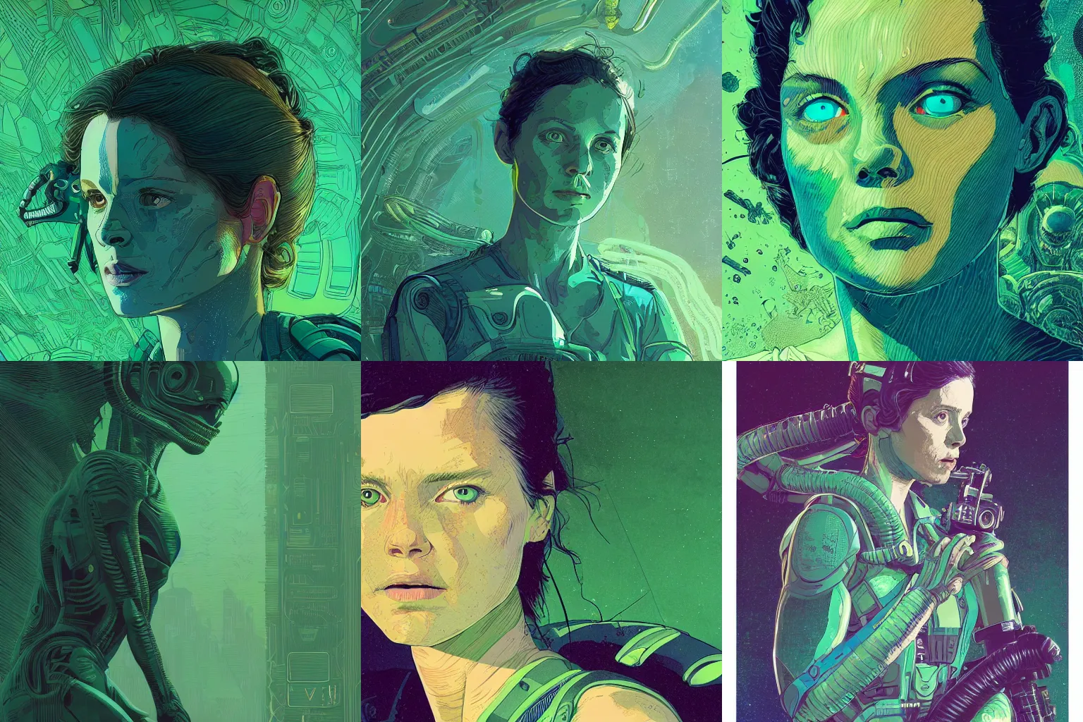Prompt: portrait of ripley in the movie alien, green dress, green eyes, blue hair, artstation winner by victo ngai, kilian eng and by jake parker, by conrad roset, swirly vibrant color lines, winning award masterpiece, fantastically gaudy, aesthetic octane render, 8 k hd resolution