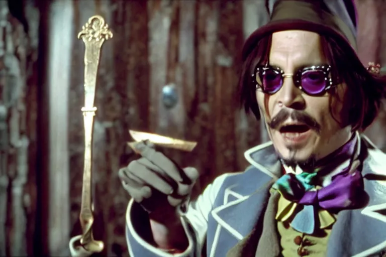 Prompt: cinematic still of deranged johnny depp showing off his knife collection in willy wonka & the chocolate factory film directed by tim burton, movie still, long lens, shallow depth of field, bokeh, anamorphic lens flare