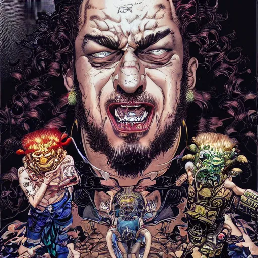 Image similar to portrait of crazy post malone punching, angry, symmetrical, by yoichi hatakenaka, masamune shirow, josan gonzales and dan mumford, ayami kojima, takato yamamoto, barclay shaw, karol bak, yukito kishiro