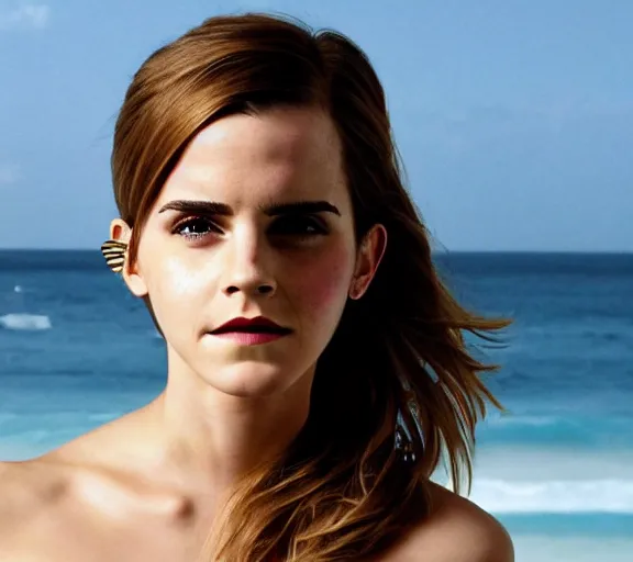 Image similar to color still shot of emma watson on bikini destinations tv show, face closeup,
