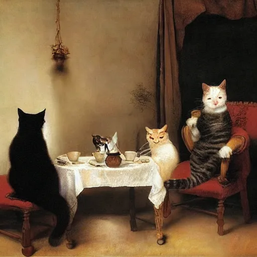 Prompt: 3 cats ( two calico and one tabby ) enjoying fancy english tea together, painting by rembrandt