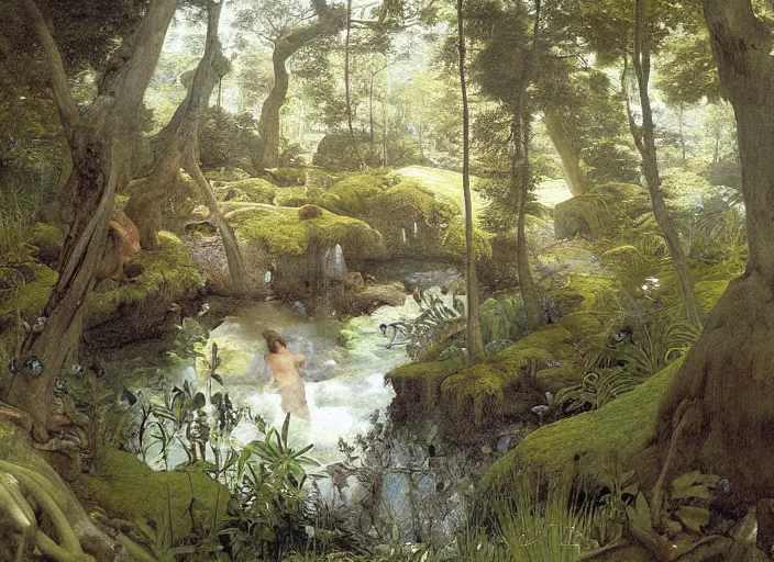 Image similar to enchanged forest. looking down into hole. waterfall to a tranquil pond and with a sandy beach. edgar maxence and caravaggio and michael whelan and delacroix style, artistic, intricate painting, cinematic lighting, hyper realistic, extremely detailed, vivid colors, establishing shot, dramatic lighting. rocky sides ( lush patches of moss and ferns ). rough stone stairway