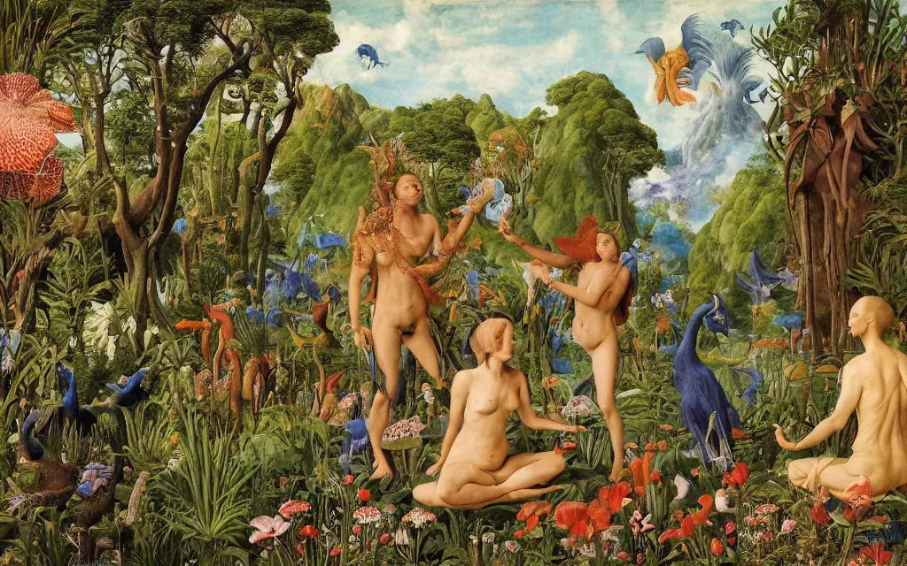 Image similar to a portrait photograph of a meditating harpy and a centaur king feeding tropical animals at a wide river delta. surrounded by bulbous flowers, animals, trees and mushrooms. mountain range under a vast blue sky of burning stars. painted by jan van eyck, max ernst, ernst haeckel and artgerm, cgsociety, artstation, fashion editorial