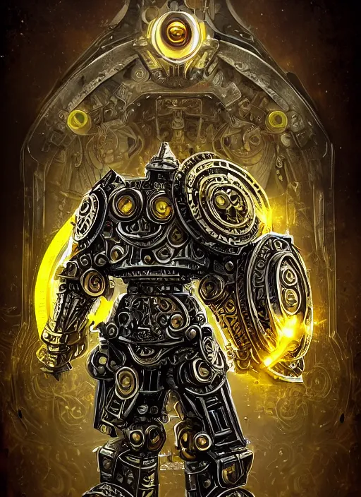 Image similar to full body, attack position abstract portrait of a intricate ornate holy mechanical warforged with circular glowing eye, character in yellow armor holding a legendary paladin engraved great longsword with a metal blade drawn and carrying a huge heavy paladin shield, vertically flat head, face in focus, epic , trending on ArtStation, masterpiece, cinematic lighting, by Ross Tran and by Greg Rutkowski