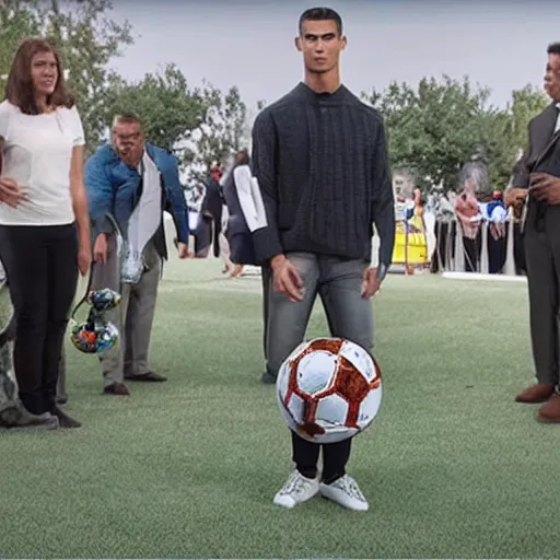 Image similar to a screenshot from the antiques roadshow, cristiano ronaldo with a priceless soccer ball, uhd, 8k,