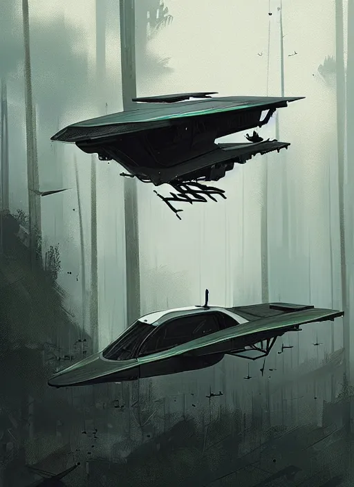 Image similar to blade runner flying car, in flight, grey forest background, by ismail inceoglu
