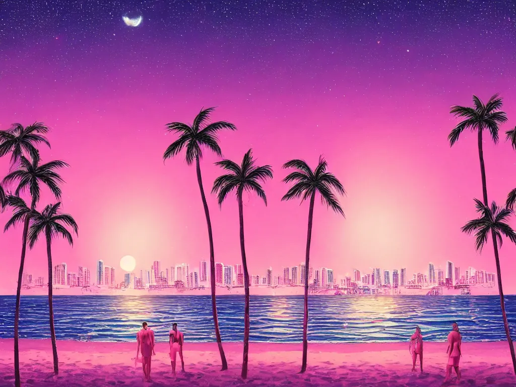 Prompt: night on a summer miami beach, city on the background, palm trees, footprints in the sand, full moon reflected in the calm ocean, starry sky, 8 k, ultra detailed, trending on artstation, digital painting, synthwave and retrowave style, pink color scheme