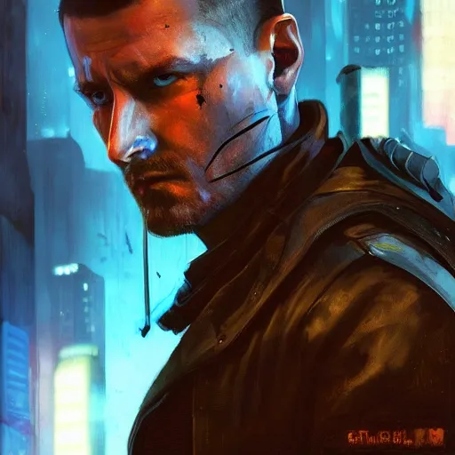 Image similar to cyberpunk, armitage, closeup portrait of a stoic ex soldier with a battlescar and light blue eyes, brown buzzcut, cyborg, dramatic light, city background, sunset, dystopian setting, high contrast, sharp, neuromancer, painted by stanley lau, painted by greg rutkowski, painted by stanley artgerm, digital art, trending on artstation