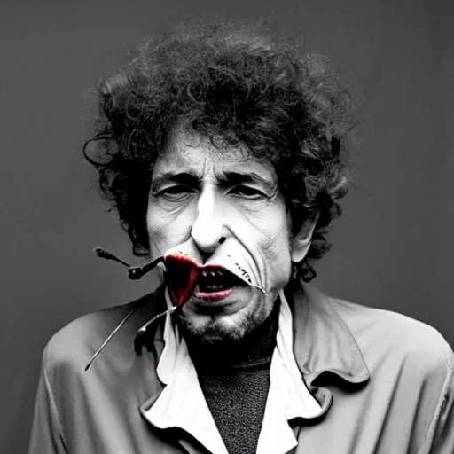 Image similar to rabid bob dylan foaming at the mouth, bloodshot eyes, raised eyebrows, rotten teeth