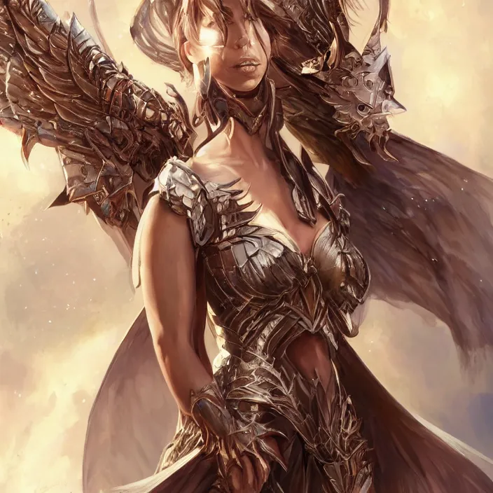 Image similar to jennifer love hewitt is a female angel with a shinny armour and big wings, d & d, fantasy, highly detailed, digital art, artstation, smooth, sharp focus, fantasy illustration, art by peter tang and artgem and alina ivanchenko and hirokazu yokohara and kago shintaro