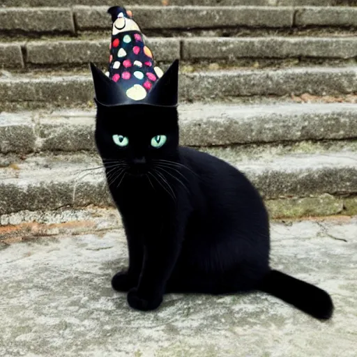 Prompt: black cat wearing a silly hat