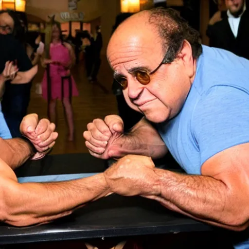 Image similar to danny devito arm wrestling his twin