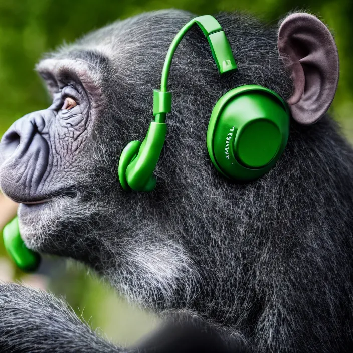 Image similar to a high quality photo of a green chimp wearing headphones, realism, 8k