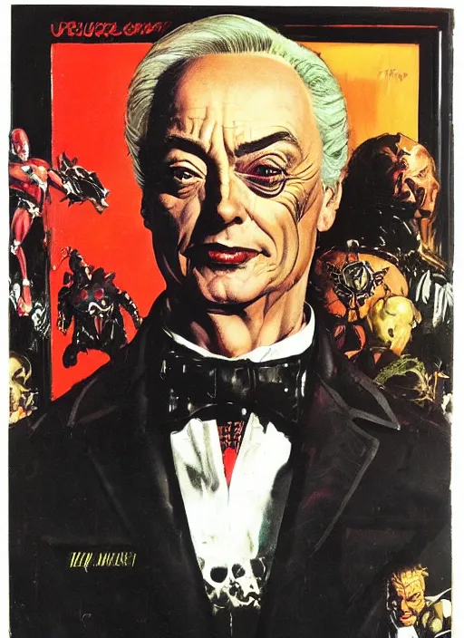 Image similar to full body and head portrait of udo kier as marvel villain, painted by norman rockwell and phil hale and greg staples and tom lovell and frank schoonover and jack kirby