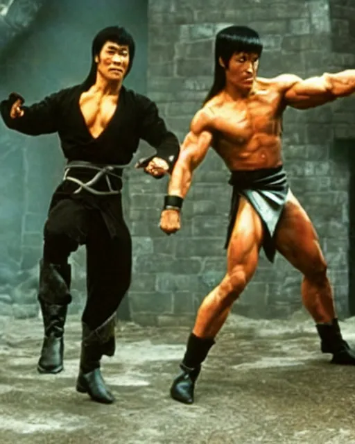 Image similar to on a mortal kombat video game battle stage, bruce lee stands off against arnold schwarzenegger dressed as conan the barbarian