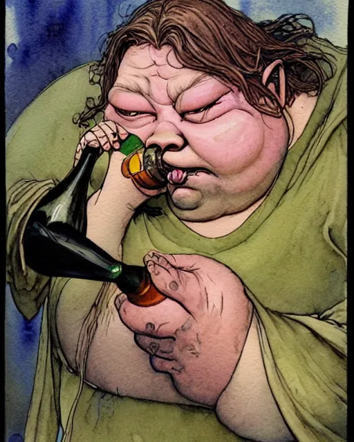 Image similar to a realistic and atmospheric watercolour fantasy character concept art portrait of a fat dirty yoda drinking out of a bottle with pink eyes wearing a wife beater. by rebecca guay, michael kaluta, charles vess and jean moebius giraud