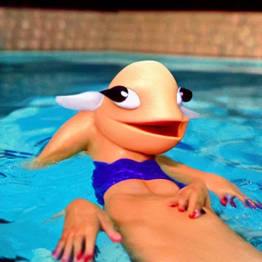 Image similar to a female anthropomorphic nostril in a swimming pool, children's television show, 1974, technicolor