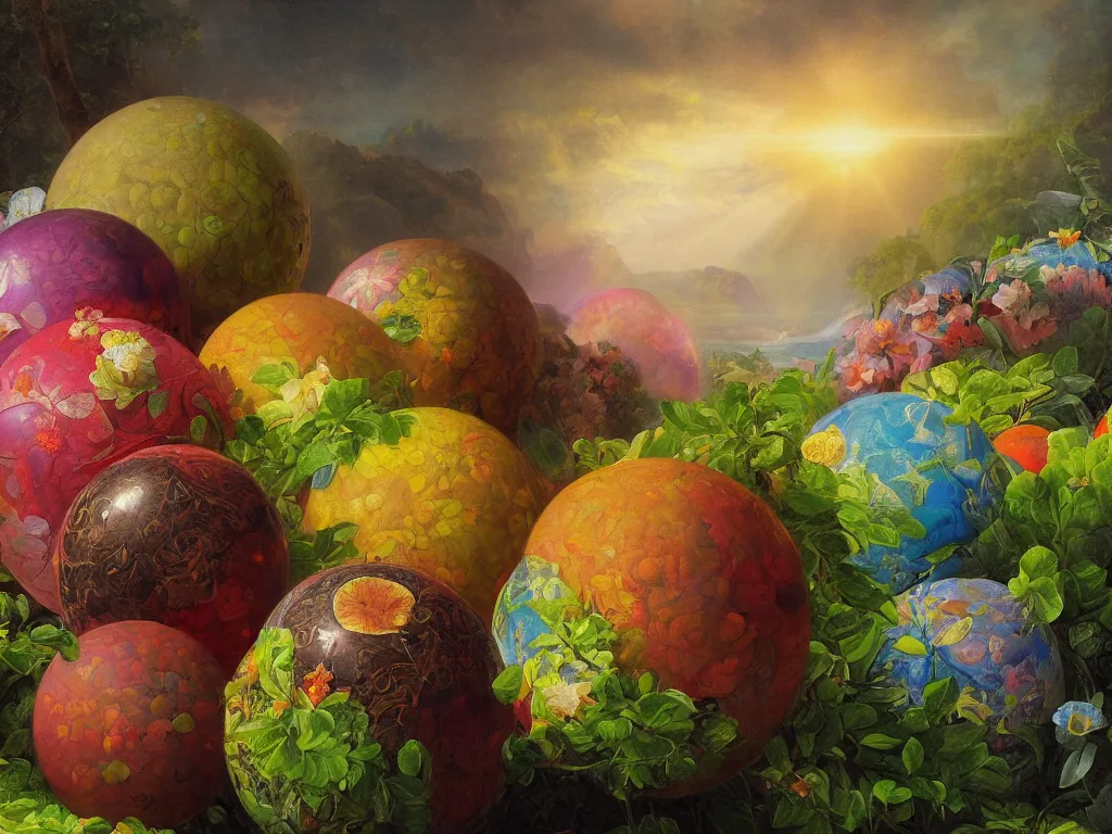 Image similar to kauai orbs of springtime, sunlight study, by jan davidsz de heem and ( ( ( ( ( lisa frank ) ) ) ) ) and frederic edwin church, art nouveau, oil - painting, 3 d render, 8 k, extreme detail, sharp focus, octane render