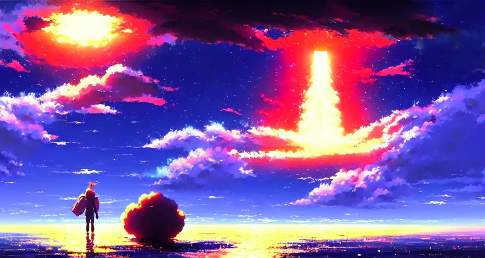 Image similar to a nuclear bomb mid - detonation above the ocean trending pixiv fanbox, acrylic palette knife, style of makoto shinkai takashi takeuchi yoshiyuki sadamoto greg rutkowski chiho aoshima