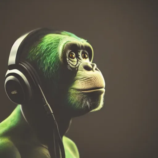 Image similar to a high quality photo of a green chimp wearing headphones, realism, 8k