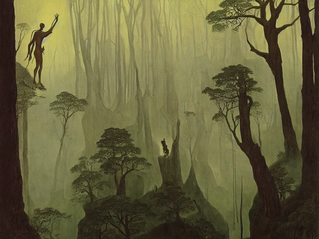 Image similar to Giant African sculpted god in a ravine, fog, melancholy, noise, surreal canopy, Harsh, golden light. Painting by Caspar David Friedrich, Peter Doig, Yves Tanguy.