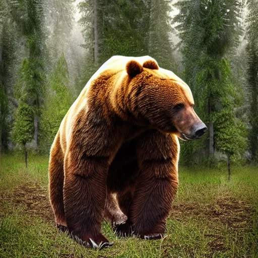 Image similar to scary bear standing on 2 legs, huge bear, taller than the trees, forest, colossal bear, digital art