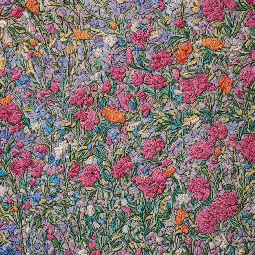 Image similar to a close up view of a wall with flowers on it, a detailed painting by master of the embroidered foliage, featured on behance, arts and crafts movement, intricate, ornate, made of flowers