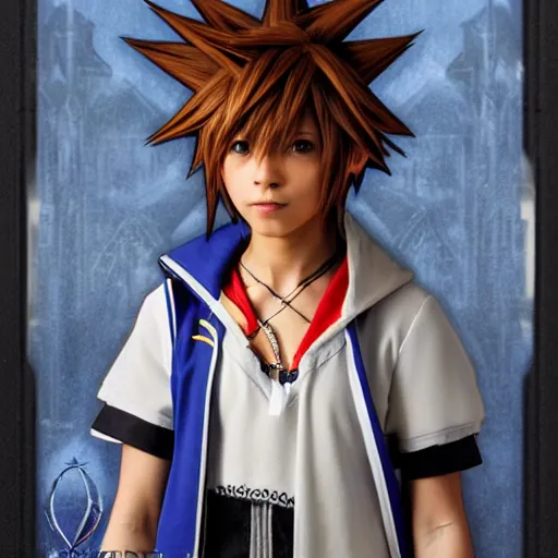 Image similar to kingdom hearts sora, a very detailed cosplay, a very detailed elegant, sharp focus, a very detailed art by alphonse mucha and greg rutkowski