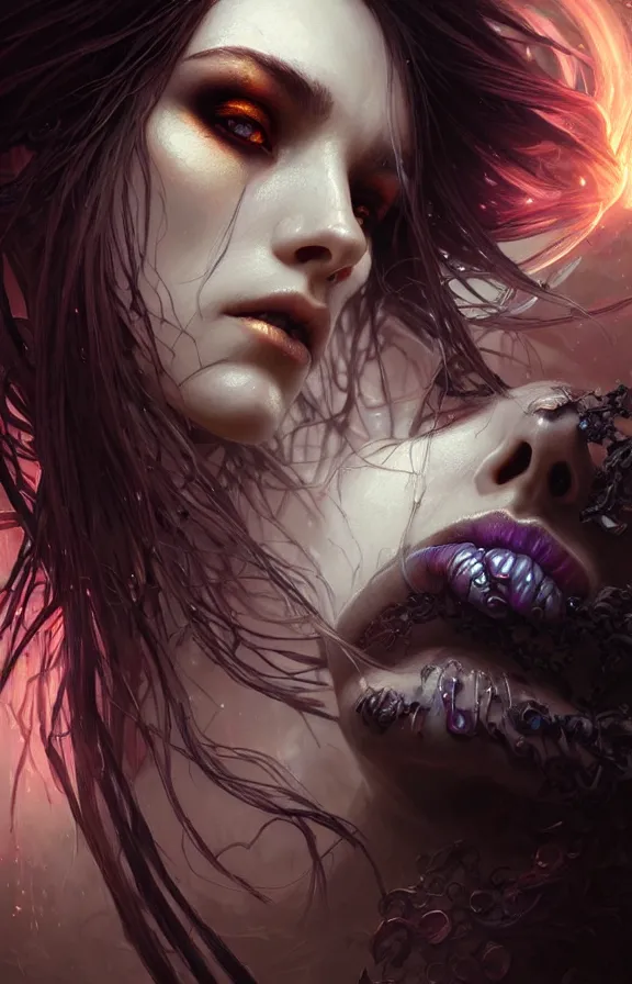 Image similar to Necromancer Sorceress face close-up macro in center, fantasy magic, undercut hairstyle, dark light night, intricate, elegant, sharp focus, illustration, highly detailed, digital painting, concept art, matte, art by WLOP and Artgerm and Greg Rutkowski and Alphonse Mucha, masterpiece