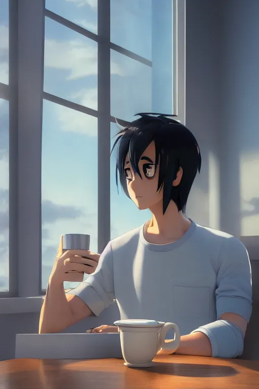 Image similar to a man sitting on a café table mext to a window and holding a cup of coffee at sunset, anime style, Pixar style, black hair, 4K, cartoon, concept art, octane render, unreal engine 5, path tracing, complementary colours, serene scene, warm, cute, natural lighting, high quality, highly detailed, high coherence, defined face, five fingers, anatomically correct, soft lighting