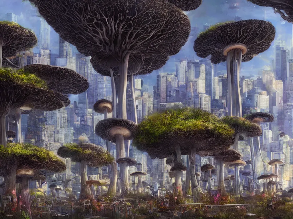 Image similar to a group of mushroom like structures in seattle city, a detailed matte painting by stephan martiniere, featured on cgsociety, afrofuturism, apocalypse landscape, matte painting, apocalypse art