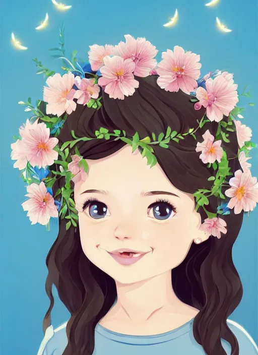 Image similar to a little girl with wavy curly light brown hair and blue eyes. she is wearing a flower crown and chasing fireflies. clean cel shaded vector art. shutterstock. behance hd by lois van baarle, artgerm, helen huang, by makoto shinkai and ilya kuvshinov, rossdraws, illustration, art by ilya kuvshinov