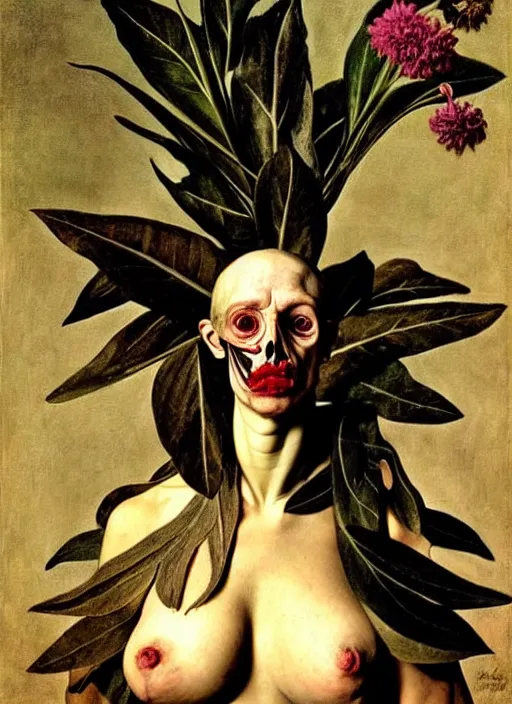 Prompt: beautiful rotten woman morphing into plants and many different types of beautiful flowers, muscles, organs, surreal, miguel angel, gustave courbet, caravaggio, romero ressendi, gunther von hagens