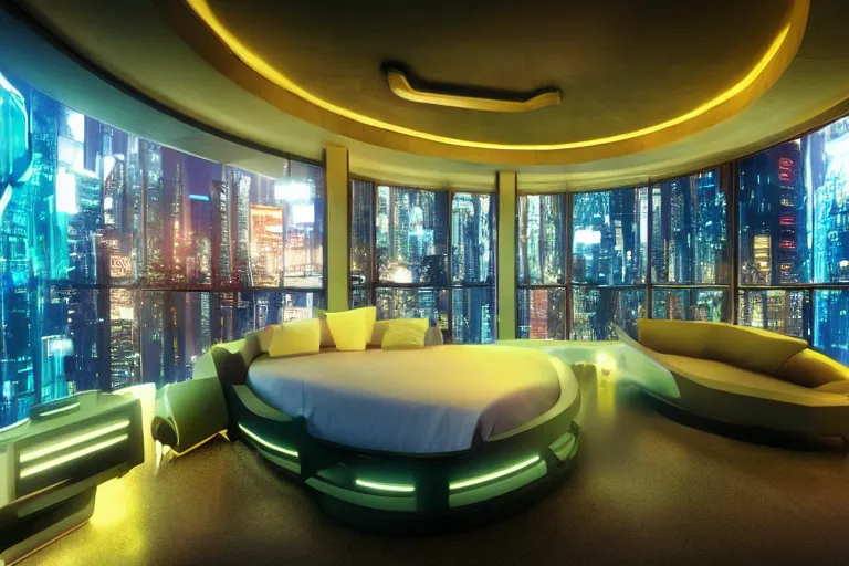 Image similar to a futuristic bedroom with large curved ceiling high windows looking out to a far future cyberpunk cityscape, cyberpunk neon lights, raining, scifi