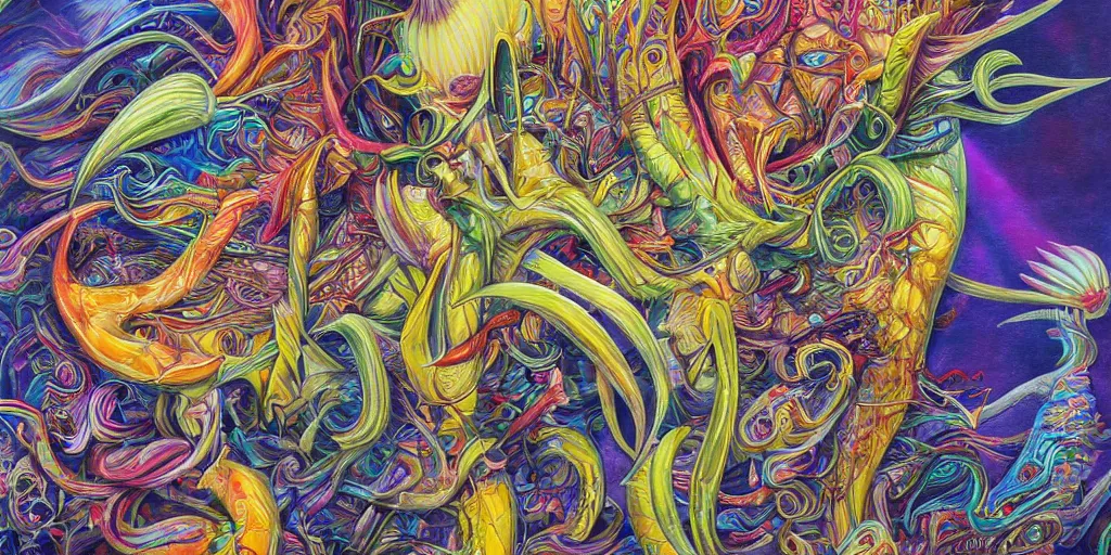 Image similar to banana hat, acrylic on canvas, realism movement, breathtaking detailed, by android jones, alex grey, chris dyer, and aaron brooks, photorealistic