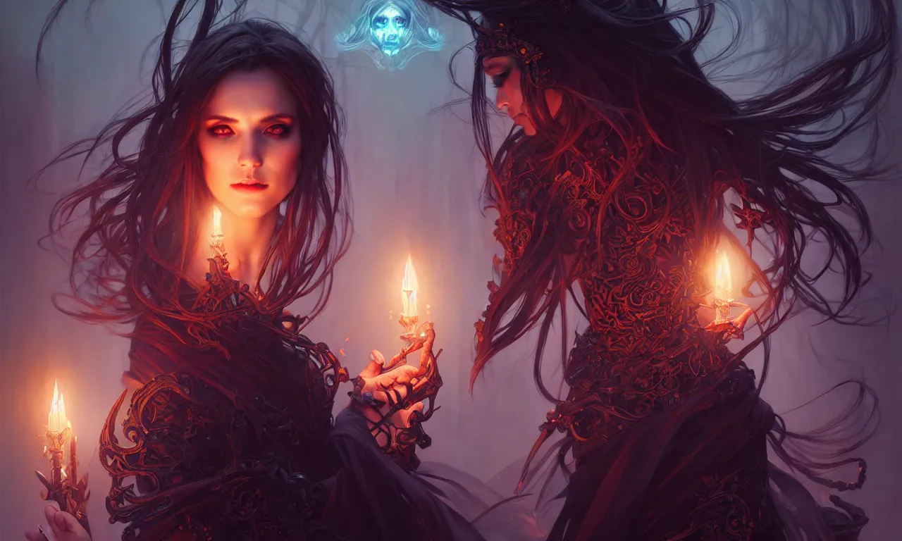 Image similar to Necromancer Sorceress in center, fantasy magic, undercut hairstyle, dark light night, intricate, elegant, sharp focus, illustration, highly detailed, digital painting, concept art, matte, art by WLOP and Artgerm and Greg Rutkowski and Alphonse Mucha, masterpiece