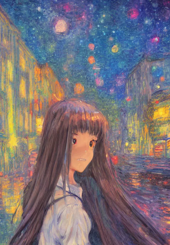 Prompt: wide angle portrait of a teenage girl, a thrifty outfit, very anime in impressionist style, city street view background, starlit night sky, anime trending artwork, anime painter studio, by claude monet